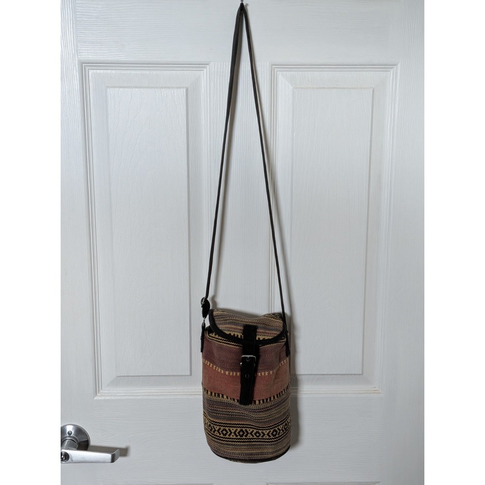 Vtg Hand Loomed Aztec Tapestry Handbag Tan Leather Barrel Drawstring India Made